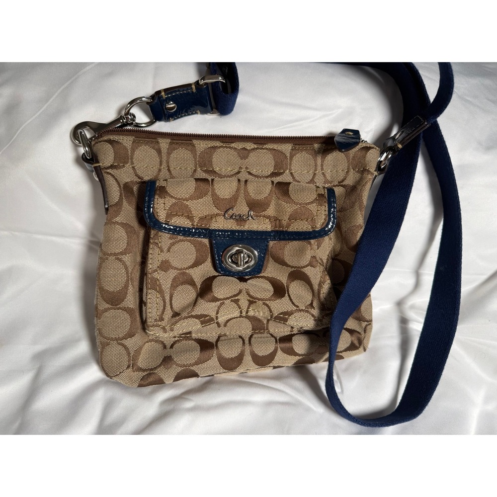 Coach Signature Crossbody Bag Purse Beige Brown Blue Canvas Leather Trim